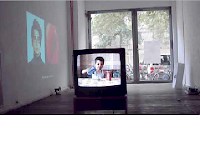 works by Dorel Naste (left), Cirprian Muresan (monitor), Anca Benera (right), at Lichtschliff Gallery Berlin.